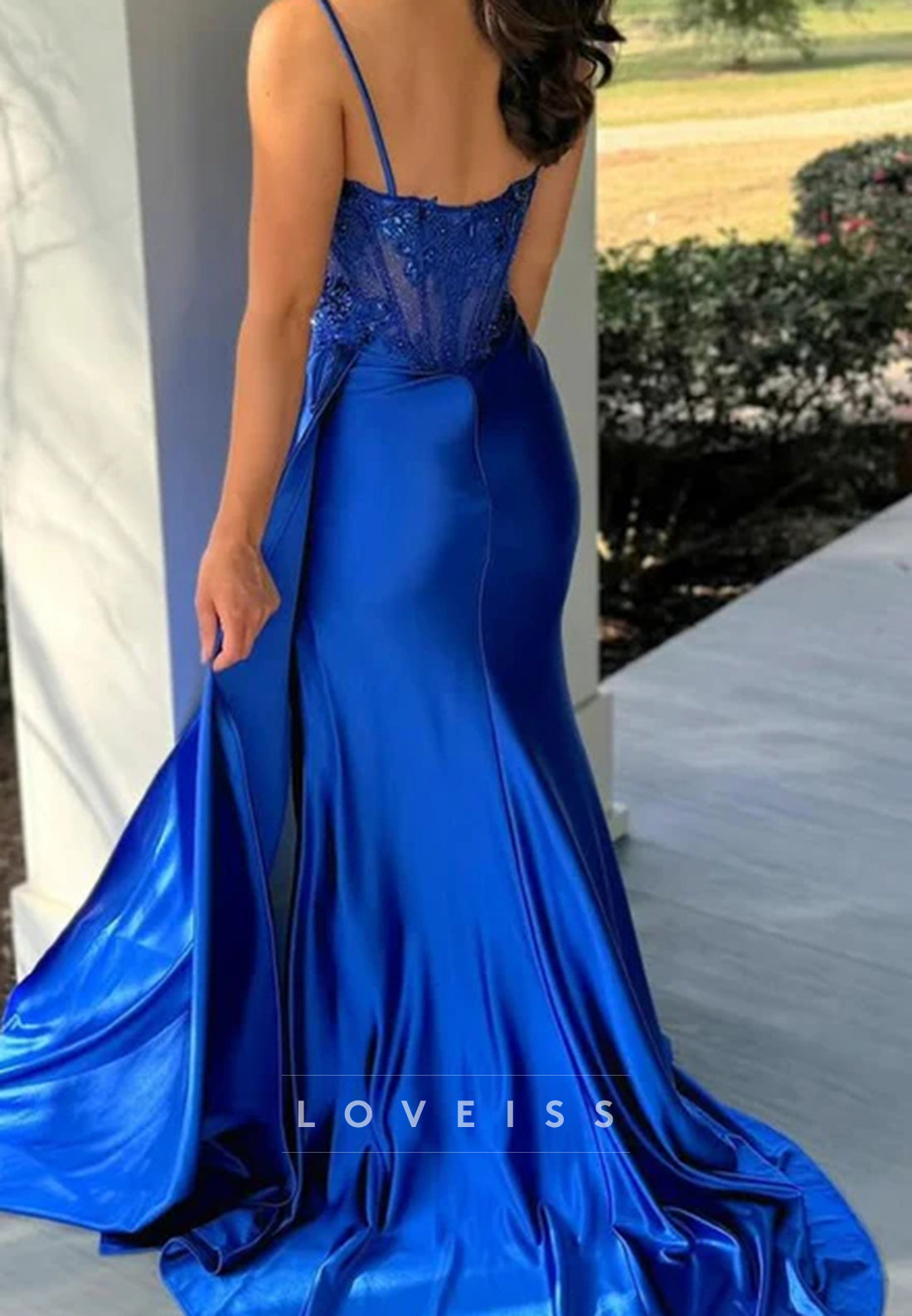Spaghetti Straps Sweetheart Appliques Pleated Prom Dress with Side Slit