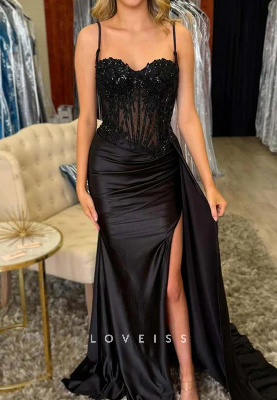 Spaghetti Straps Sweetheart Appliques Pleated Prom Dress with Side Slit