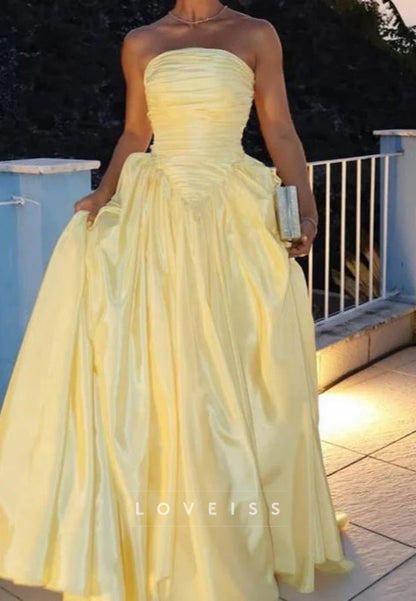 Purple Strapless Metallic Pleated Sleeveless Prom Dress with Slit