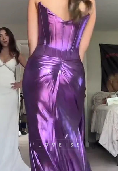 Purple Strapless Metallic Pleated Sleeveless Prom Dress with Slit