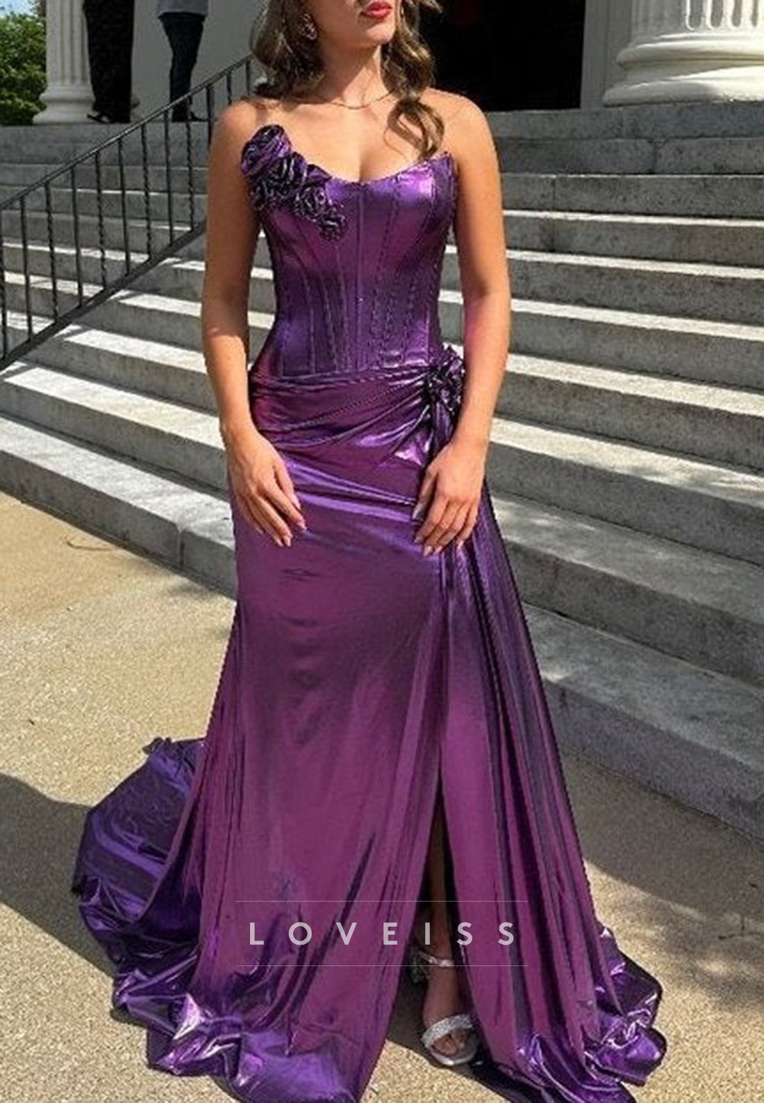 Purple Strapless Metallic Pleated Sleeveless Prom Dress with Slit