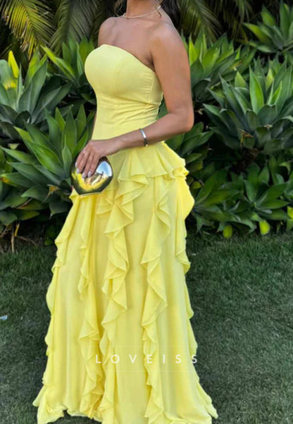 A-Line Strapless Multi-Layered Ruffled High Slit Prom Dres