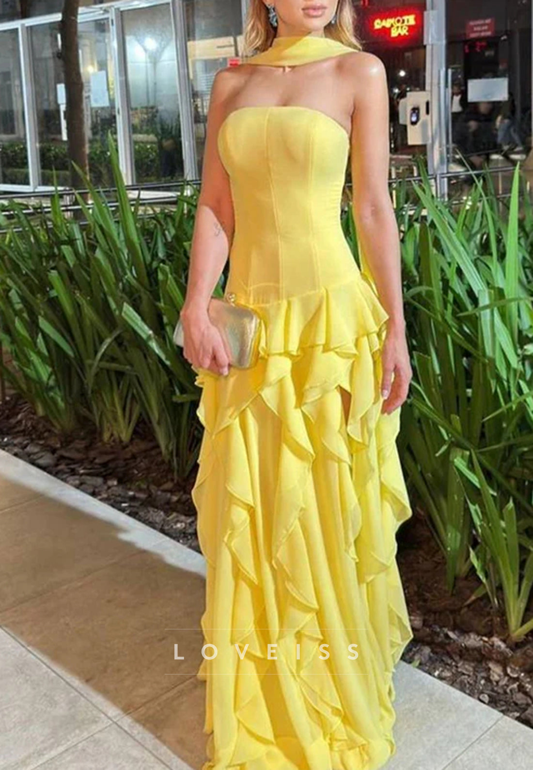 A-Line Strapless Multi-Layered Ruffled High Slit Prom Dres