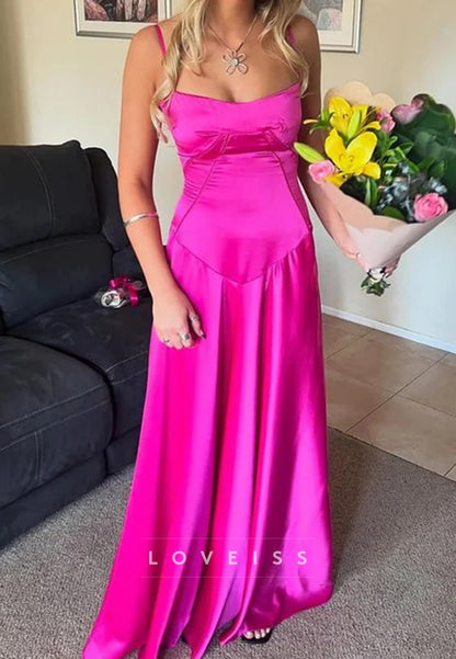 Spaghetti Straps A-Line Square Neck Sleeveless Satin Prom Dress