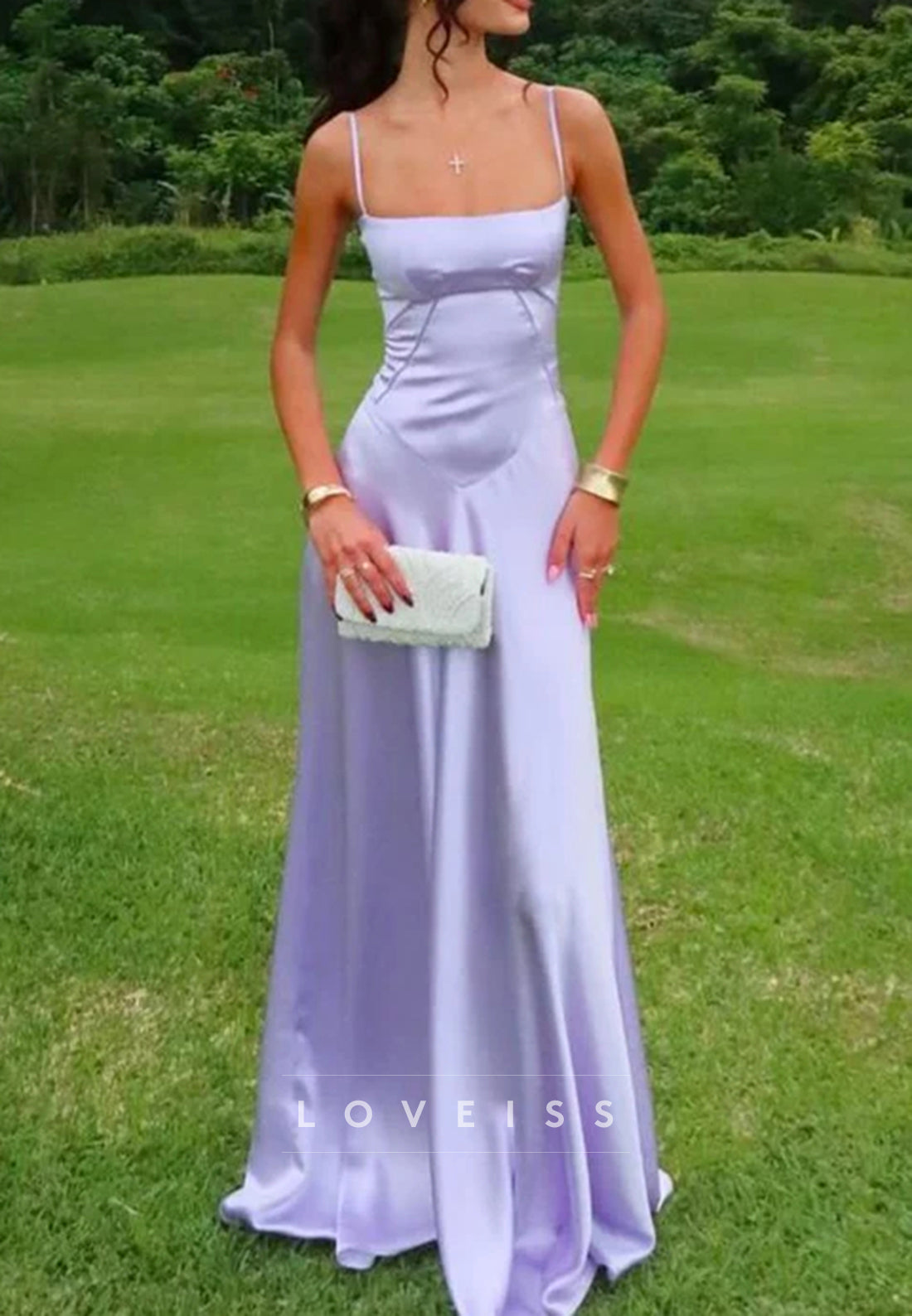 Spaghetti Straps A-Line Square Neck Sleeveless Satin Prom Dress