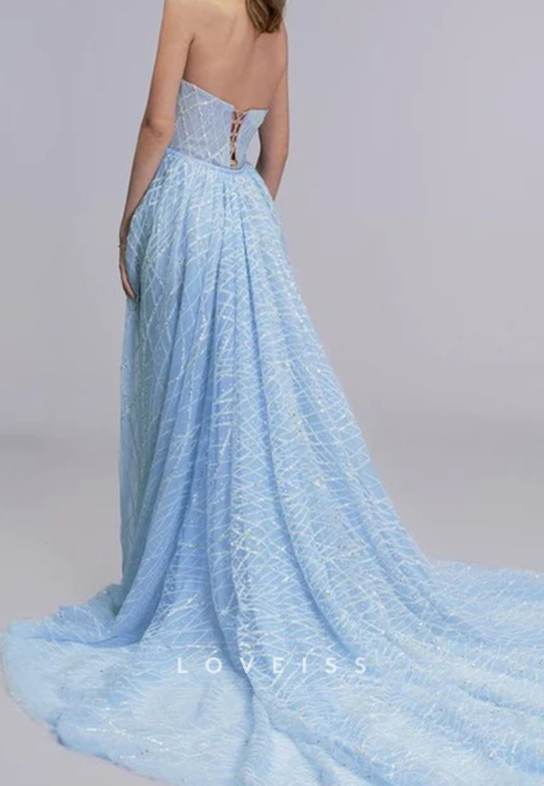 Blue A-Line Strapless Beaded High Slit Sleeveless Long Prom Formal Dress