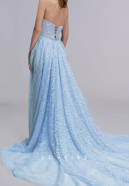 Blue A-Line Strapless Beaded High Slit Sleeveless Long Prom Formal Dress
