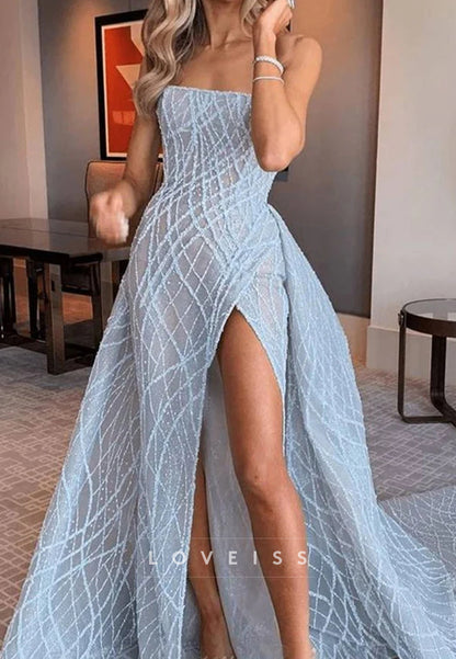 Blue A-Line Strapless Beaded High Slit Sleeveless Long Prom Formal Dress