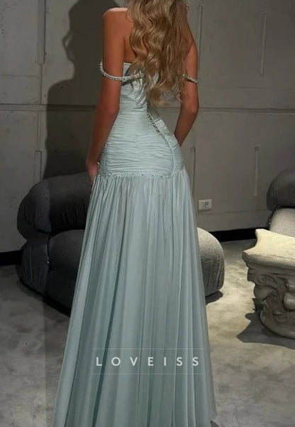 Off-Shoulder A-Line V-Neck Pleats Empire-Waist Long Evening Prom Dress