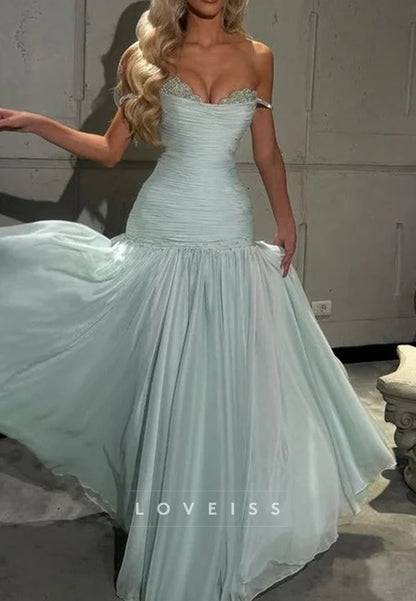 Off-Shoulder A-Line V-Neck Pleats Empire-Waist Long Evening Prom Dress