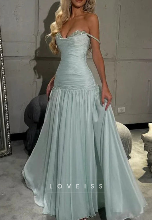 Off-Shoulder A-Line V-Neck Pleats Empire-Waist Long Evening Prom Dress