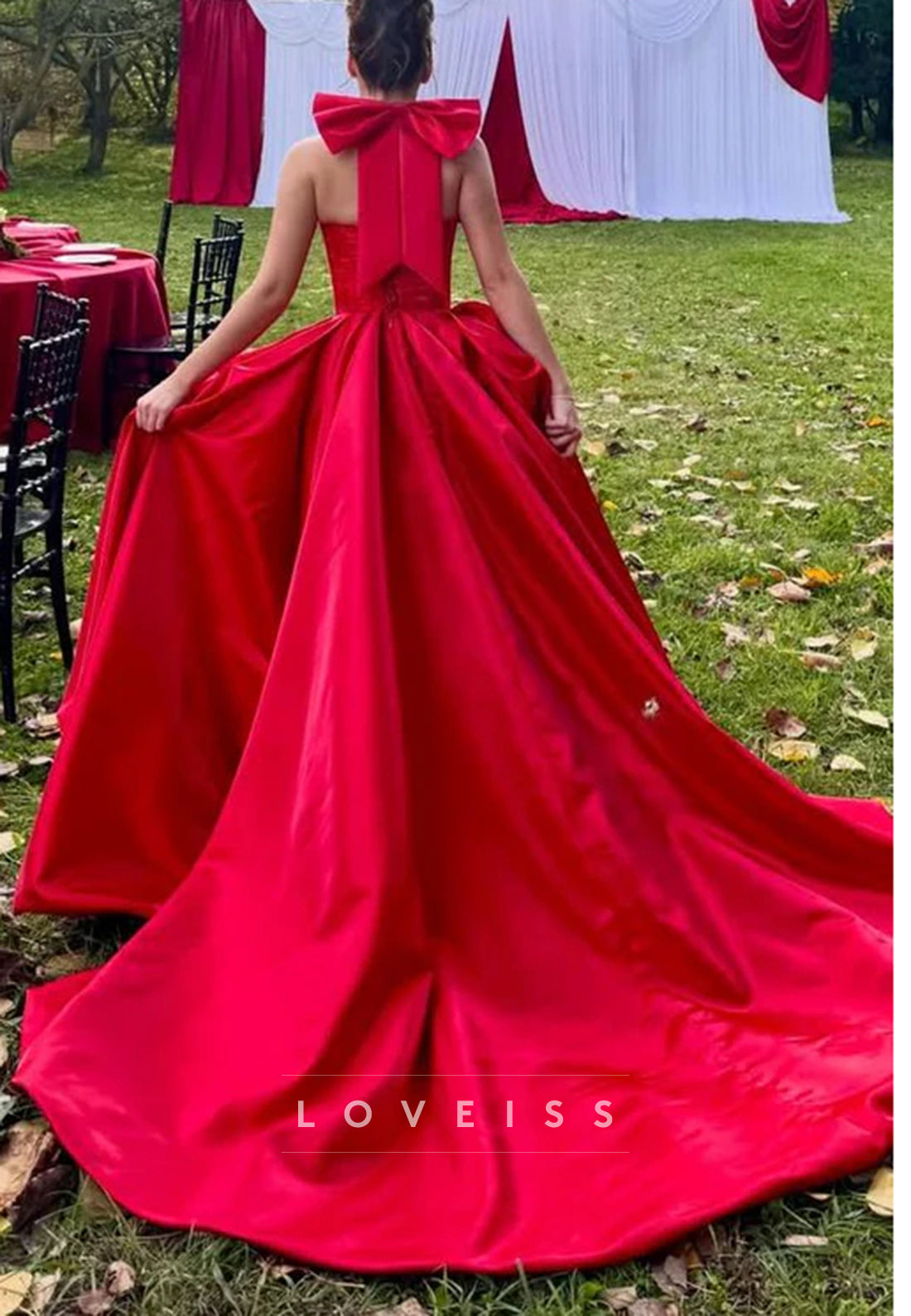 Red Halter A-Line Scoop Neck Empire-Waist Ruched Prom Dress with Slit