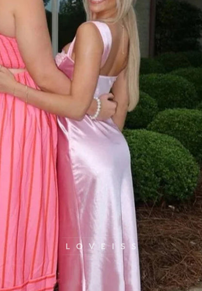 Chic Pink Double Straps Sleeveless Satin Long Prom Party Dress