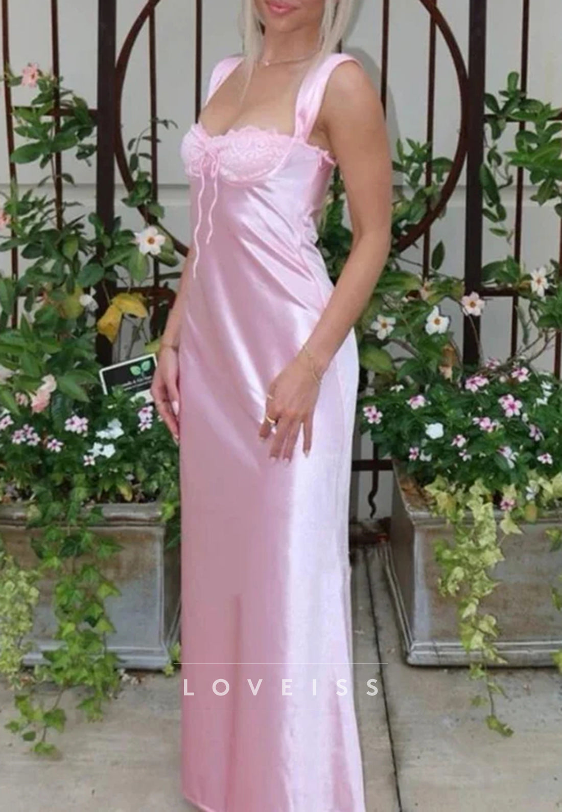 Chic Pink Double Straps Sleeveless Satin Long Prom Party Dress