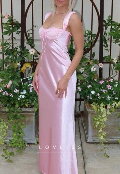 Chic Pink Double Straps Sleeveless Satin Long Prom Party Dress