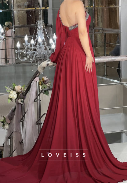 One Shoulder Sleeveless Pleated Beaded A-Line Prom Dress