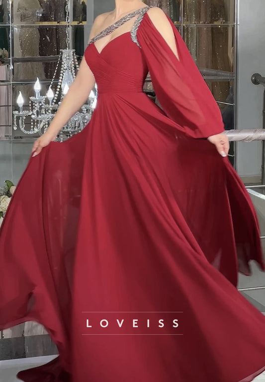 One Shoulder Sleeveless Pleated Beaded A-Line Prom Dress