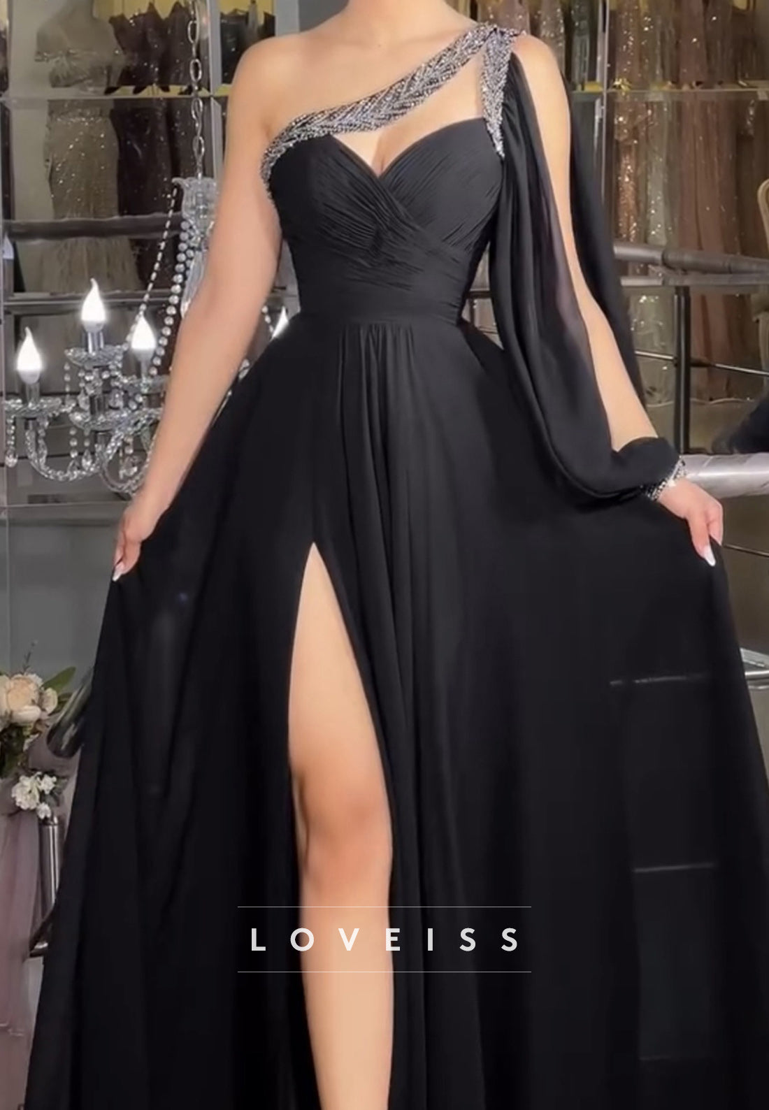 One Shoulder Sleeveless Pleated Beaded A-Line Prom Dress
