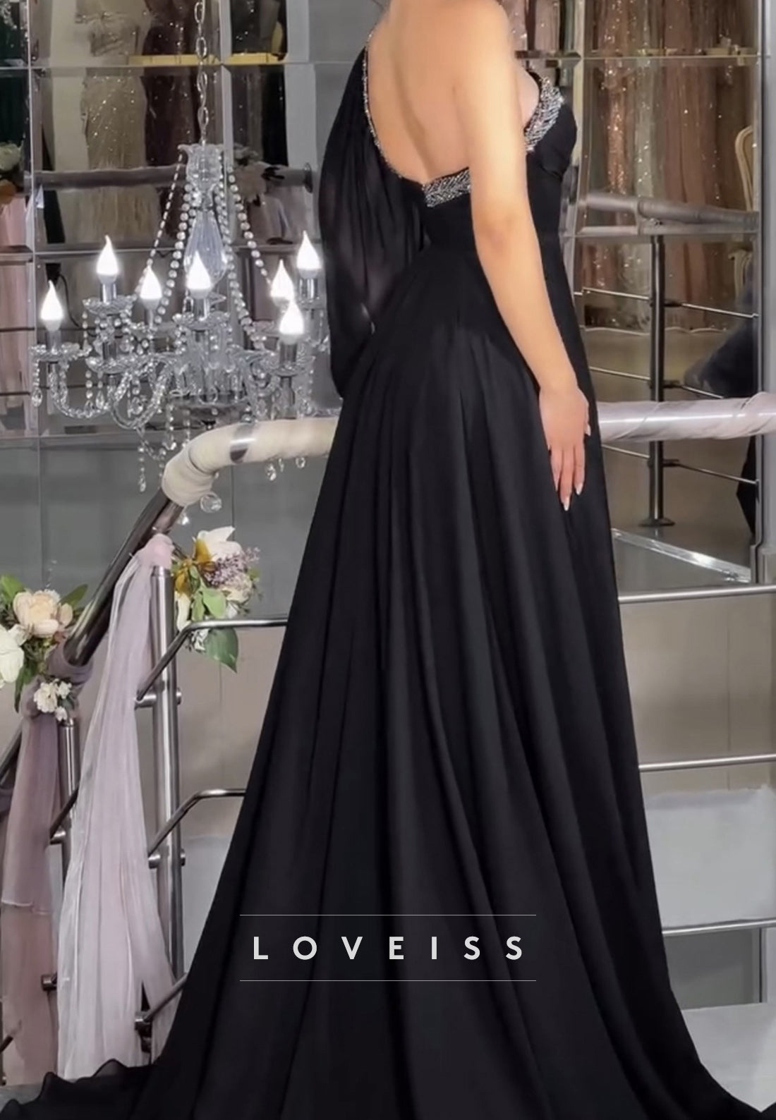 One Shoulder Sleeveless Pleated Beaded A-Line Prom Dress