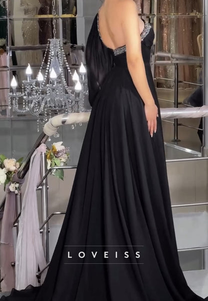 One Shoulder Sleeveless Pleated Beaded A-Line Prom Dress