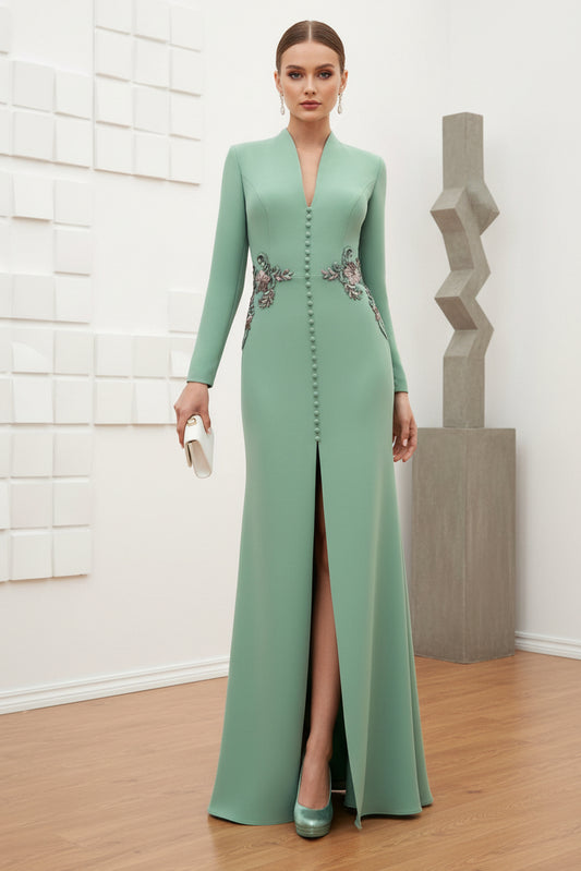 Jewel Appliqués and Buttoned Slit Sheath Evening Dress