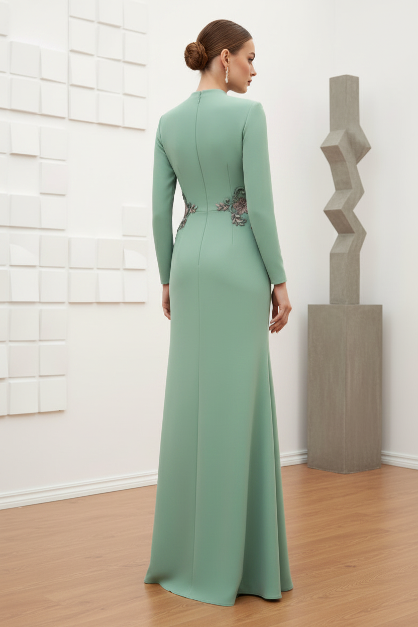 Jewel Appliqués and Buttoned Slit Sheath Evening Dress