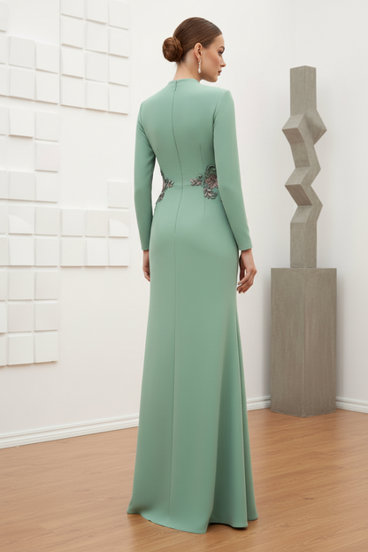 Jewel Appliqués and Buttoned Slit Sheath Evening Dress