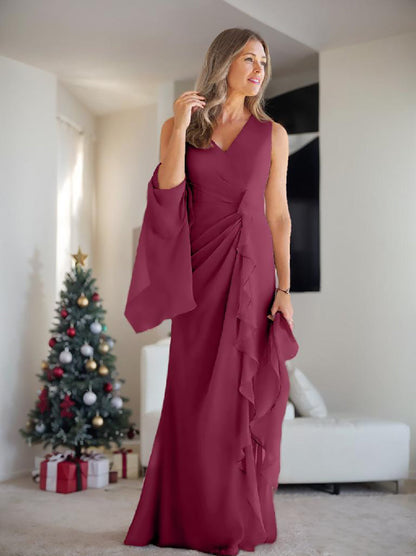Sheath/Column V-Neck Sleeveless Floor-Length Mother of the Bride Dresses with Wraps & Ruffles