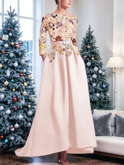 A-Line/Princess Scoop 3/4 Sleeves Asymmetrical Mother of the Bride Dresses with Appliques Lace