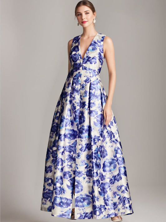A-Line/Princess V-Neck Floor Length Printed Floral Elegant Mother of the Bride & Groom Dresses with High Split & Pleats