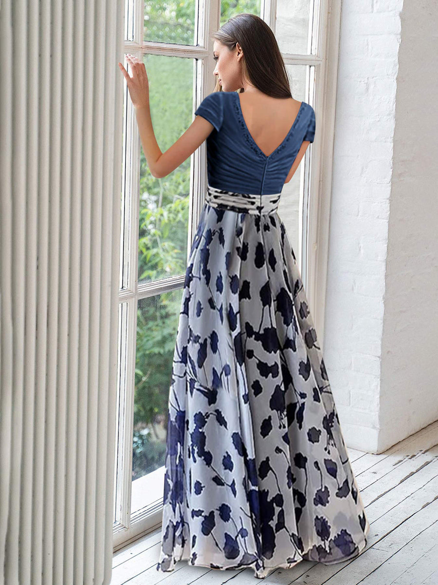 A Line/Princess V-Neck Short Sleeves Mother of the Bride Dresses With Flower & Ruches