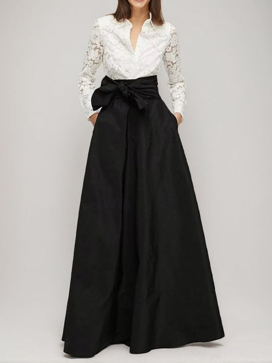 A-Line/Princess Shirt Collar Long Sleeves Floor-Length Mother of the Bride Dresses with Bow