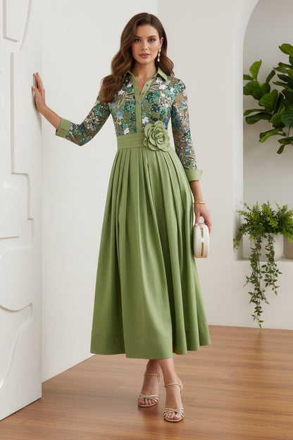 Shirt Collar Satin Mother of the Bride Dresses Tea-Length Lace Sequins