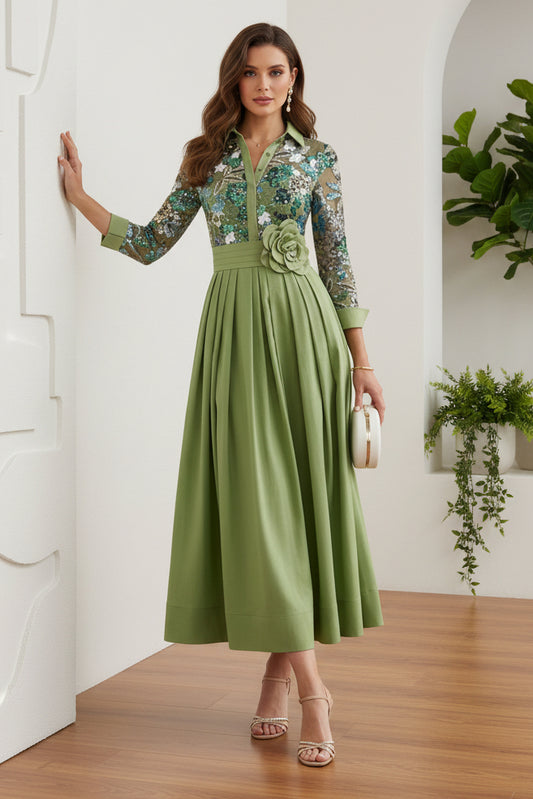 Shirt Collar Satin Mother of the Bride Dresses Tea-Length Lace Sequins