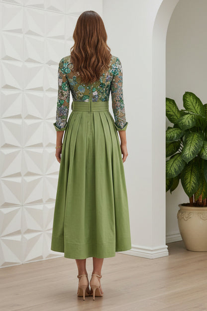 Shirt Collar Satin Mother of the Bride Dresses Tea-Length Lace Sequins