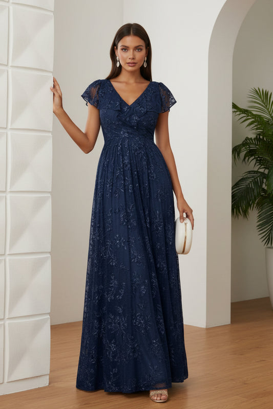 V-Neck Sequins Lace Mother of the Bride Dresses Short Sleeves