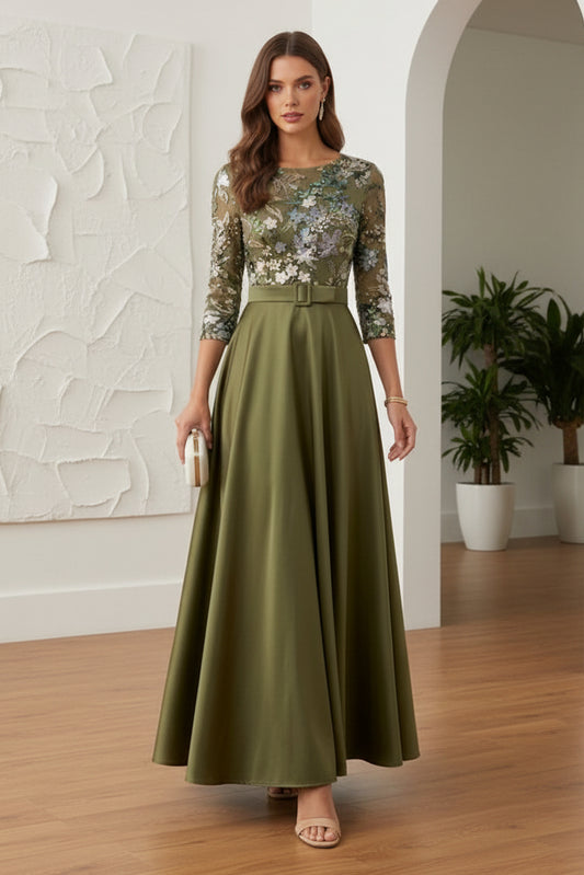 Scoop Satin Mother of the Bride Dresses Lace Sequins Floral 3/4 Sleeves
