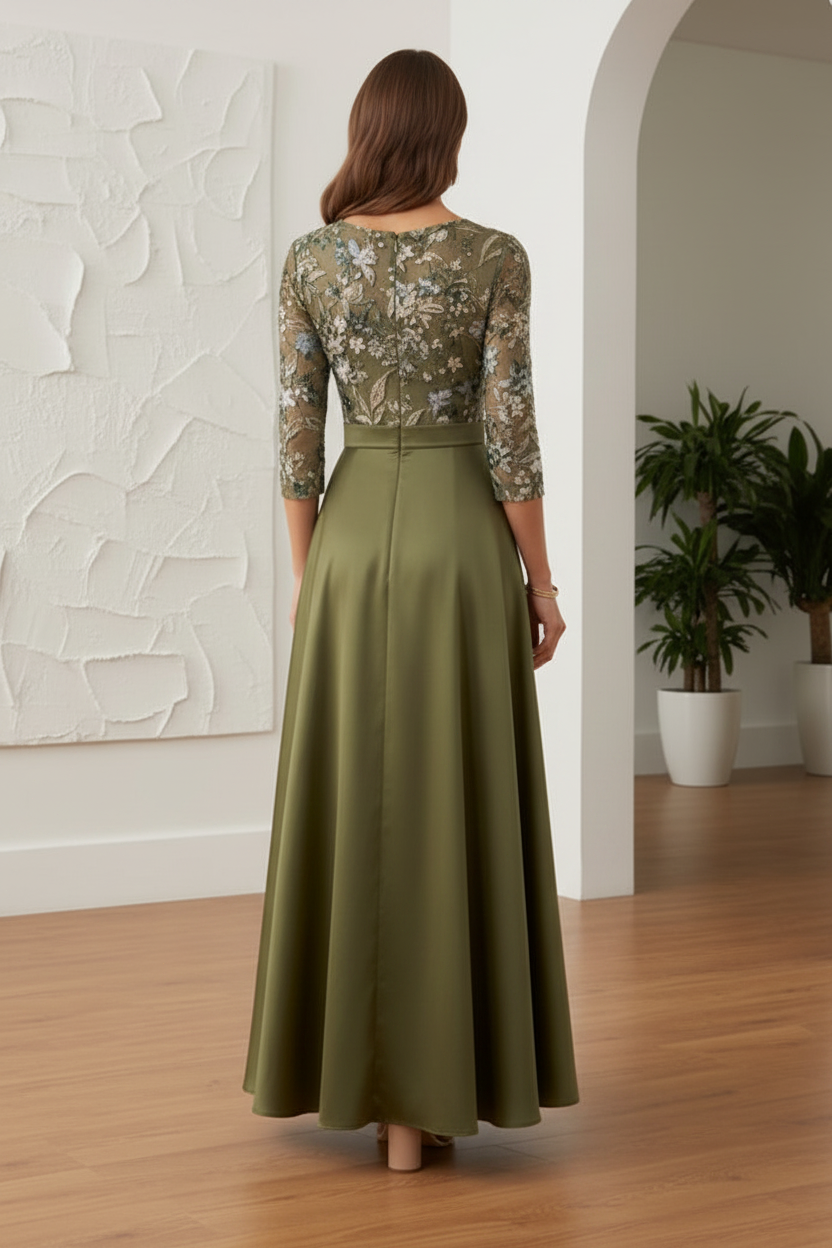 Scoop Satin Mother of the Bride Dresses Lace Sequins Floral 3/4 Sleeves