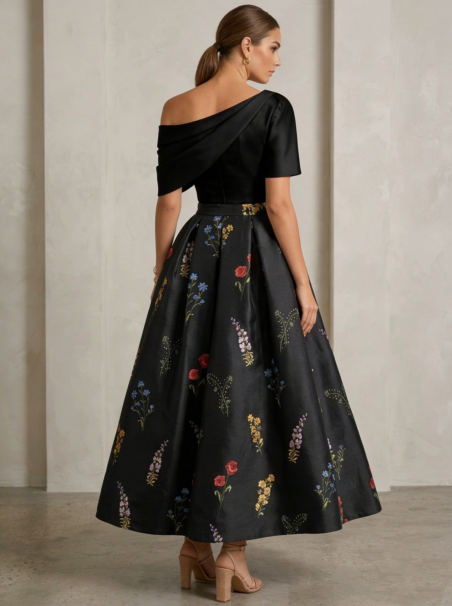 One-Shoulder Mother of the Bride Dresses Satin Floral Short Sleeves Ankle Length