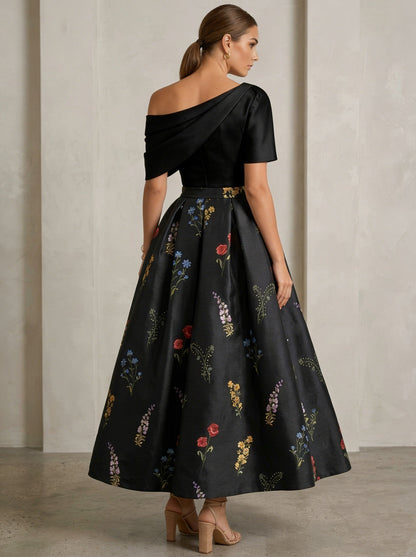 One-Shoulder Mother of the Bride Dresses Satin Floral Short Sleeves Ankle Length
