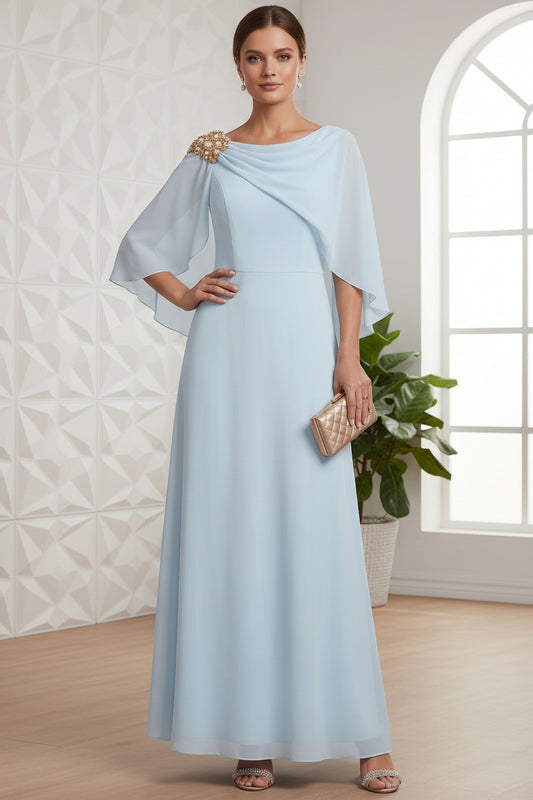 Boat Neck Chiffon Mother of the Bride Dresses Cape Sleeves