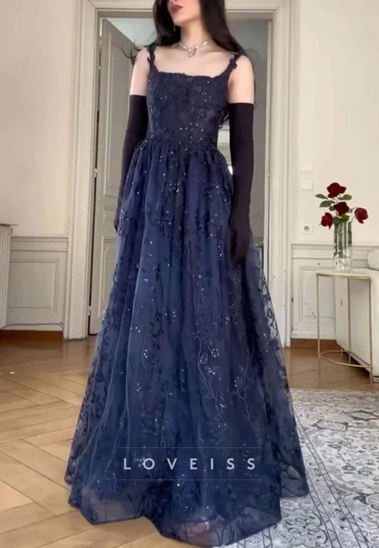 Navy Blue A Line Lace Appliques Prom Dress Elegant Evening Gown