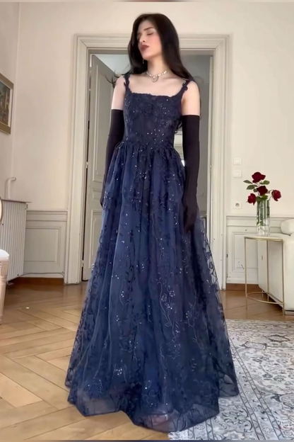 Navy Blue A Line Lace Appliques Prom Dress Elegant Evening Gown