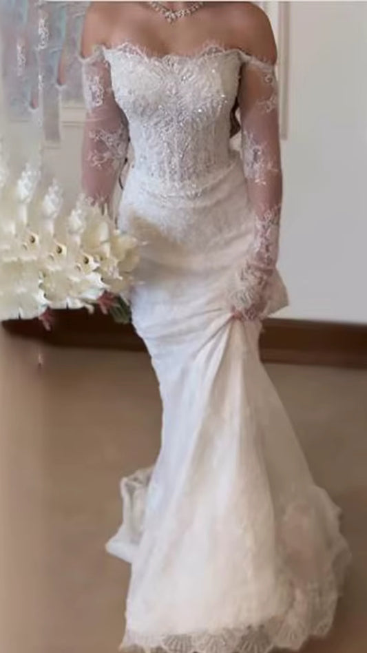 Pretty Off The Shoulder White Tulle Lace Beaded Mermaid Long Wedding Dress