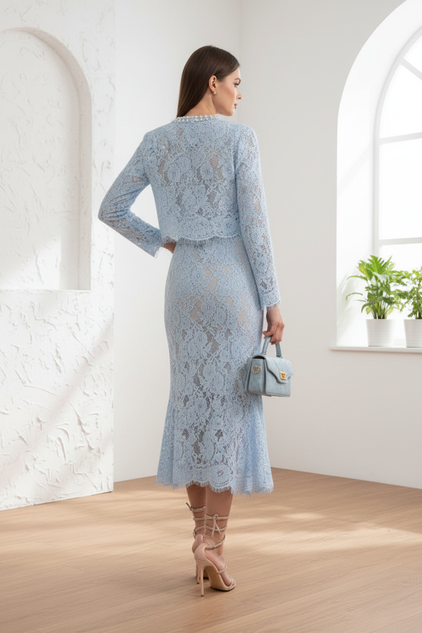 Lace With Sparkling Neckline Embellishments Midi Skirt