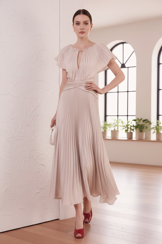 Scoop Short  Sleeves Pleated A-Line Mother of Bride Dress