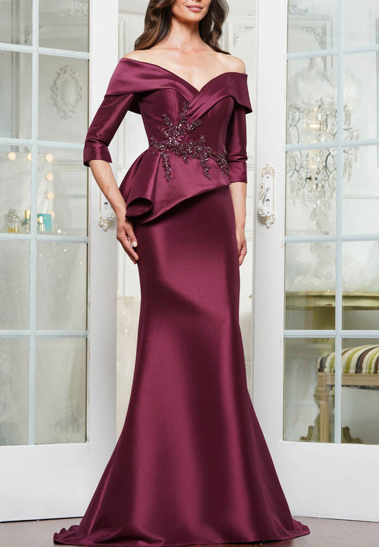 Off-Shoulder Long Sleeves Appliques Ruffled Mermaid Satin Mother of Bride Dress