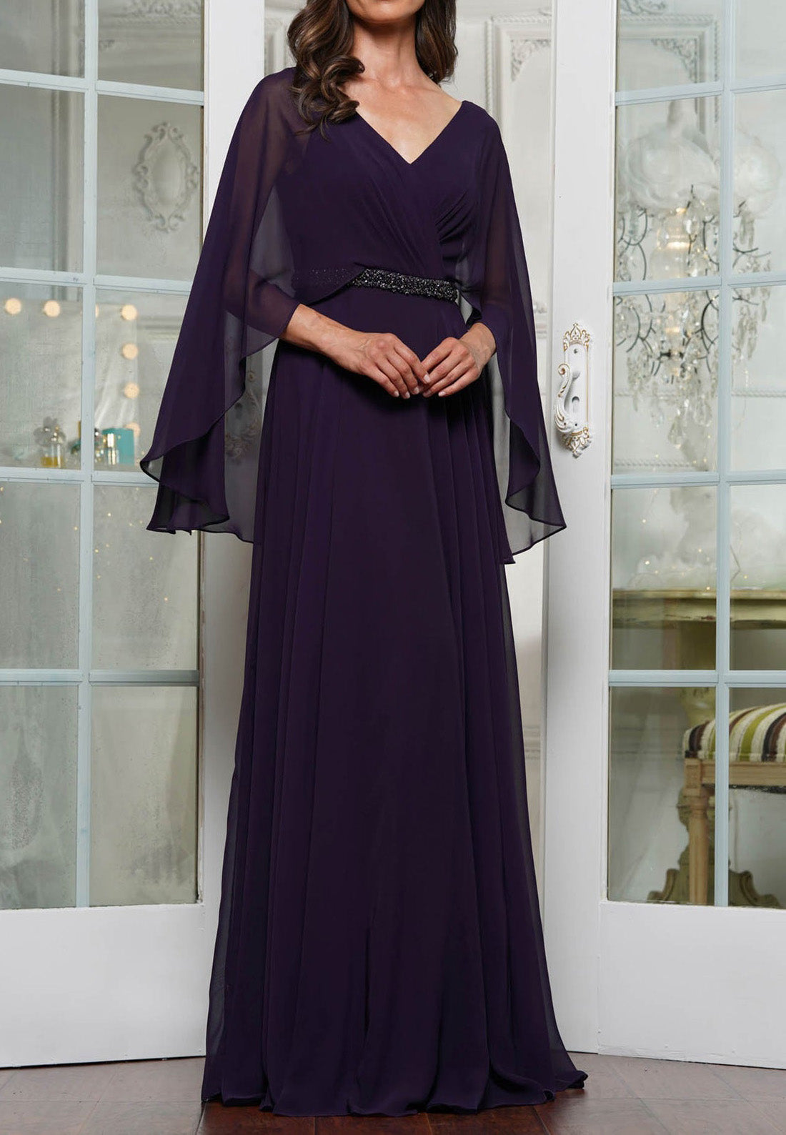 V-Neck Long Sleeves Chiffon Pleated A-Line Mother of Bride Dress