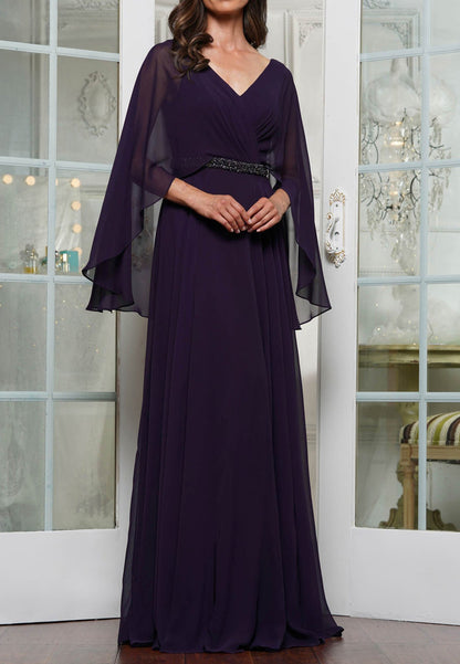 V-Neck Long Sleeves Chiffon Pleated A-Line Mother of Bride Dress
