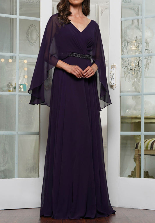 V-Neck Long Sleeves Chiffon Pleated A-Line Mother of Bride Dress